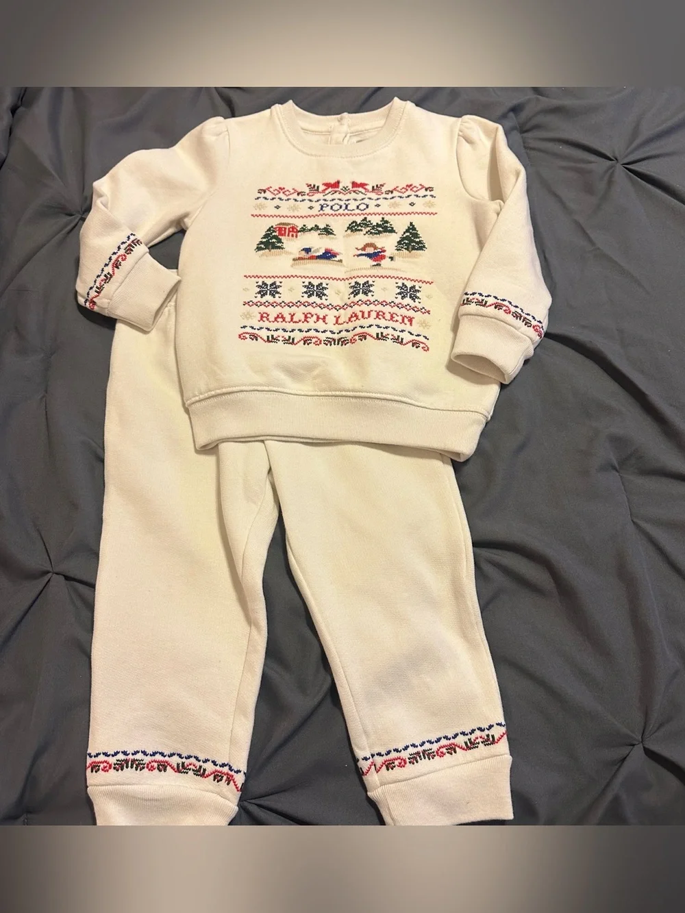 Ralph Lauren Baby Jogger Set 24 Mo Christmas Embroidered Off White Outfit Fleece